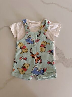 Disney Mint Green Winnie the Pooh Short Overalls Set